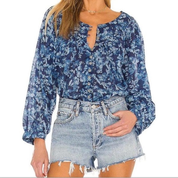 Free People Cool Meadow Printed Top denim combo size large we the free boho - Picture 2 of 8